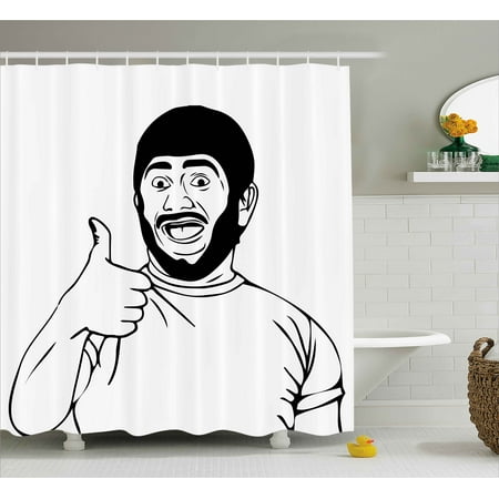- Humor Decor Shower Curtain, Lol Happy Guy with Thumbs Up Bodily Gesture Cool Sounds Good Style Graphic, Fabric Bathroom Set with Hooks, 69W X 84L Inches Extra Long, Black White, by Ambesonne