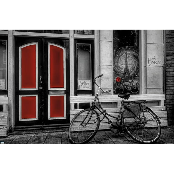 City Bike in Black and White Color Selected Red Wall Poster, 22.375" x 34"