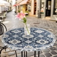 thumbnail image 3 of Bohemian White Blue Floral Elastic Fitted Round Table Cover Vintage Ethnic Style Waterproof Outdoor Tablecloth for Holiday Party, Picnic, Patio & Dining Fits Tables Up to 45"-54", 3 of 8
