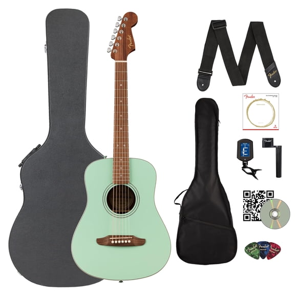 Fender California Standard Redondo Mini Acoustic Guitar - Surf Green Bundle with Gig Bag, Hard Case, Tuner, Strings, Strap, String Winder, Picks, and Austin Bazaar Instructional DVD