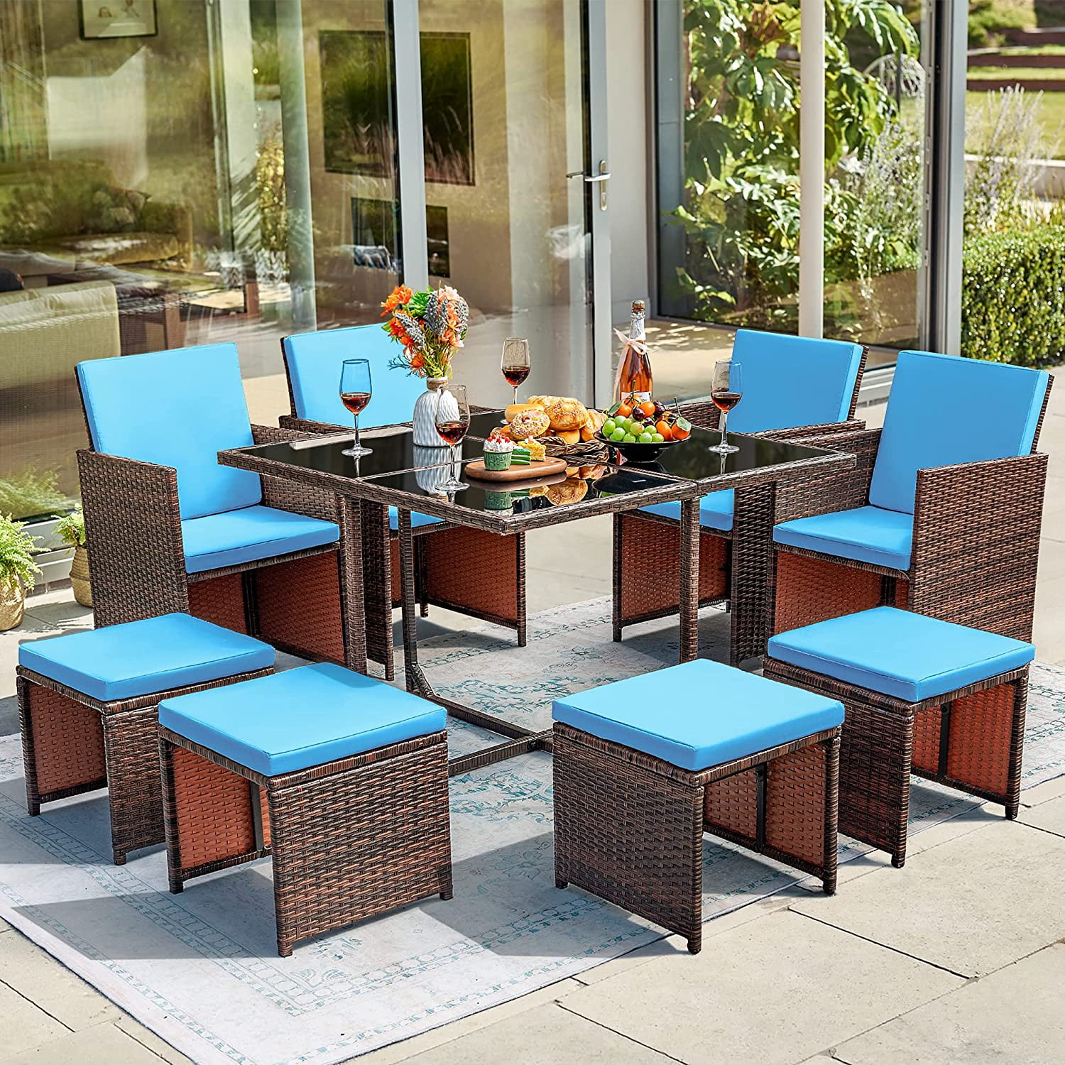 Devoko 9 Pieces Patio Furniture Dining Set Patio Wicker Rattan Chair Sets 8 Seats Furniture Cushioned Tempered Glass with Ottoman Blue