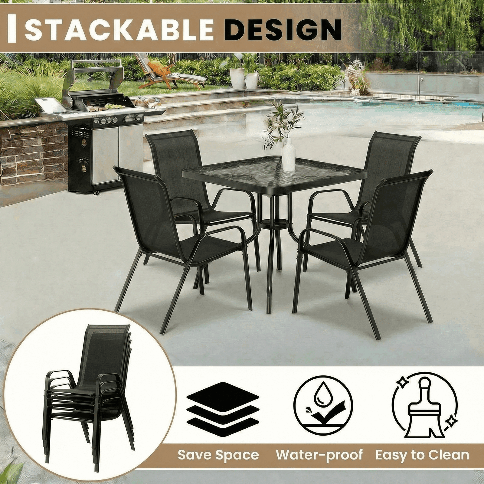 Pirecart 5-Piece Patio Dining Set Outdoor Furniture with Table and 4 Stackable Textilene Chairs, Black