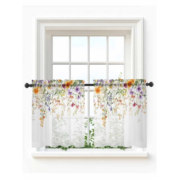 Spring Floral Tier Curtains 36 Inch Length,Sheer Curtains for Bedroom Living Room Window Watercolor Leaves Wildflower Pastoral Rod Pocket Drapes Kitchen Curtains Small Half Window 27.5"x36" 2 Panels