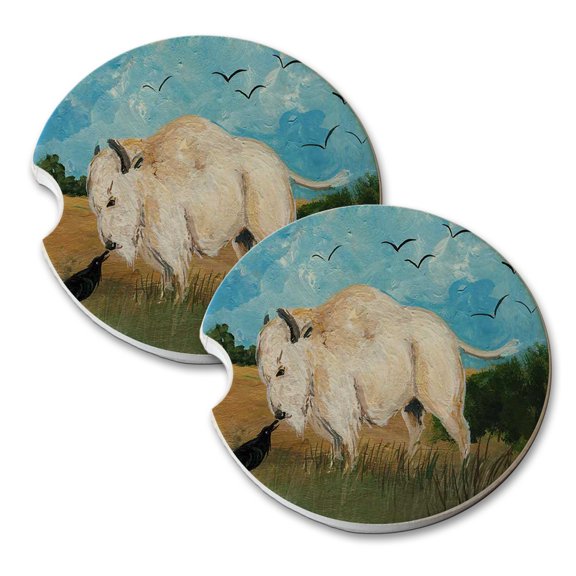 KuzmarK Sandstone Car Drink Coaster (set of 2) - White Buffalo Speaks with Raven Wildlife Art by Denise Every