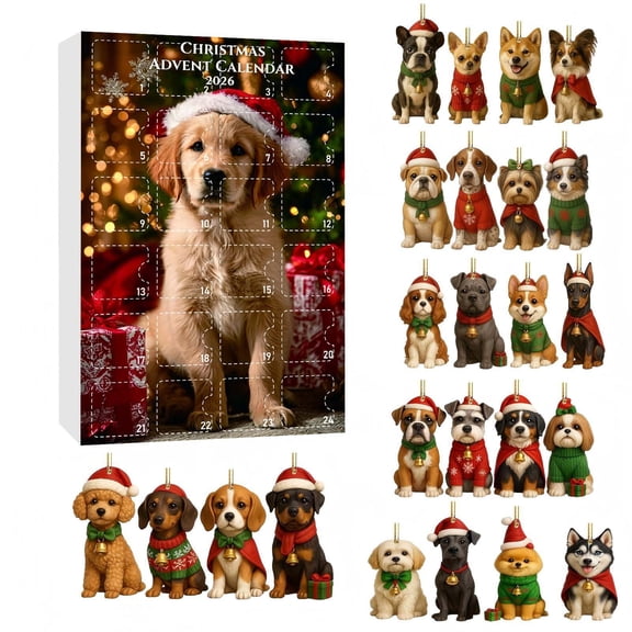Puppy Advent Calendar 2026 for Christmas, 24 Days Countdown Calender, Acrylic 2D Dog Ornaments with Festive Outfits, Xmas Tree Hanging Decor & Collectible Gift for Dog Lovers
