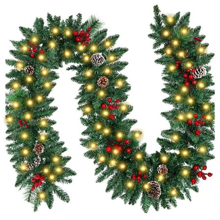 BN-LINK 9Ft Christmas Garland with 8 Lighting Modes, Battery Operated Garland with Pine Cones Red Berries, 50 LED Lights & 240 Branch Tips, Christmas Decor for Indoor Outdoor Home