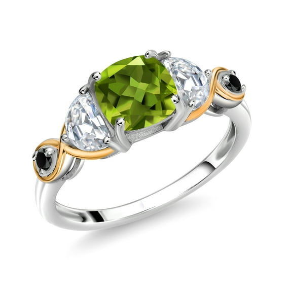 Gem Stone King 925 Silver and 10K Yellow Gold 3-Stone Ring Cushion Peridot Half Moon Moissanite and Black Diamond (1.52 Carat Cttw) (Size 8)