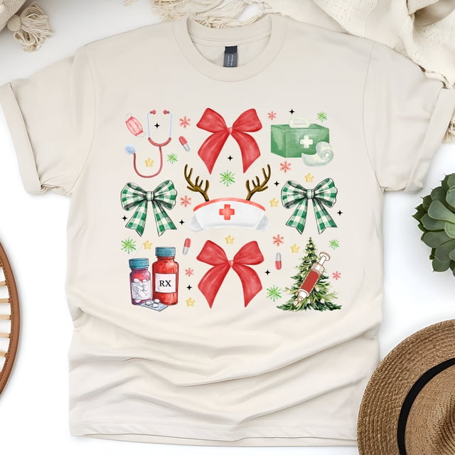 Nurse Holiday Bow Shirt | Christmas Medical Graphic Tee, Natural, Size L