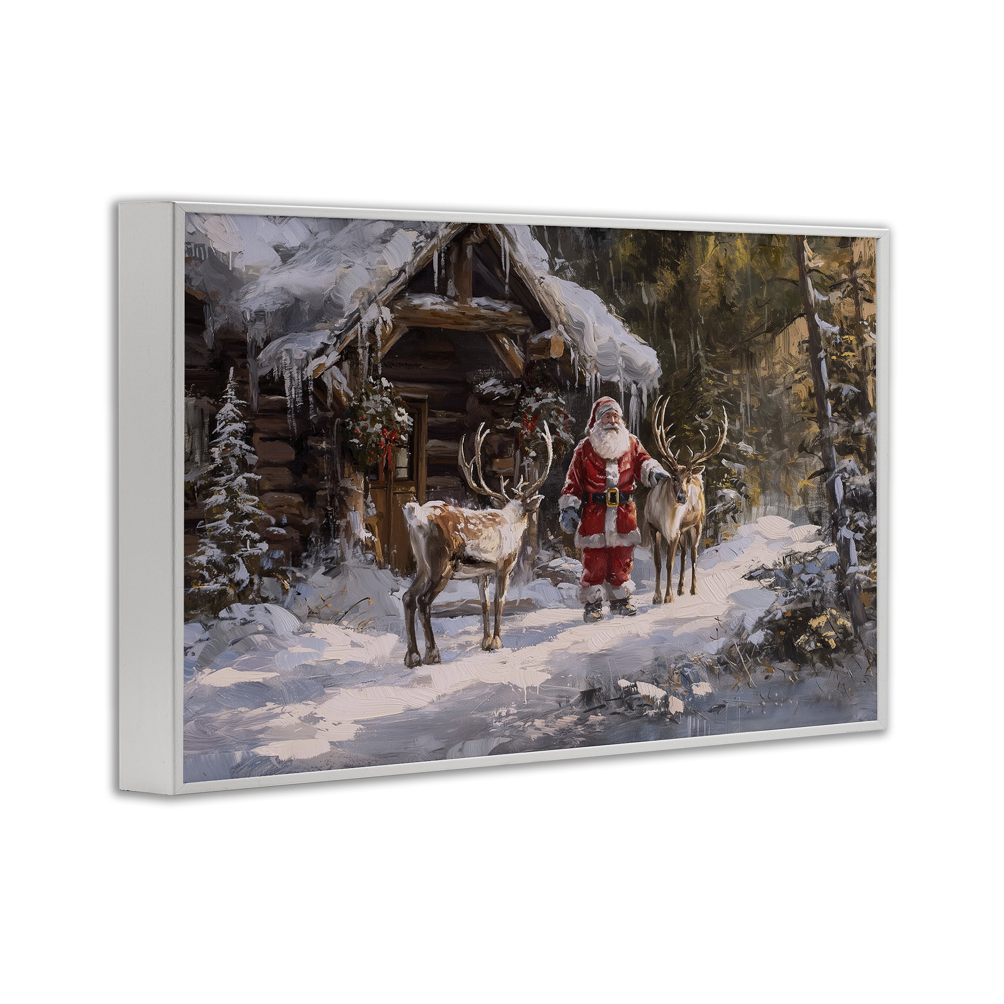 Stupell Industries Traditional Santa by Cabin Holiday Painting White Framed Art Prints Wall Art, 24 x 16
