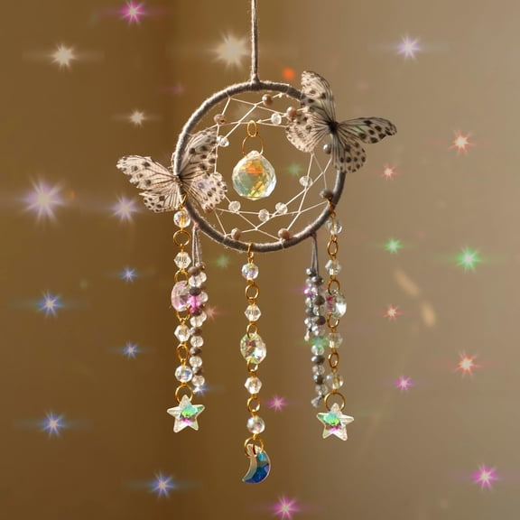 Cute Butterfly Crystal Dream Catcher, Boho Moon Style Wall Decor for Girls Boys Room, Ideal Birthday Christmas Gift for Children & Teens