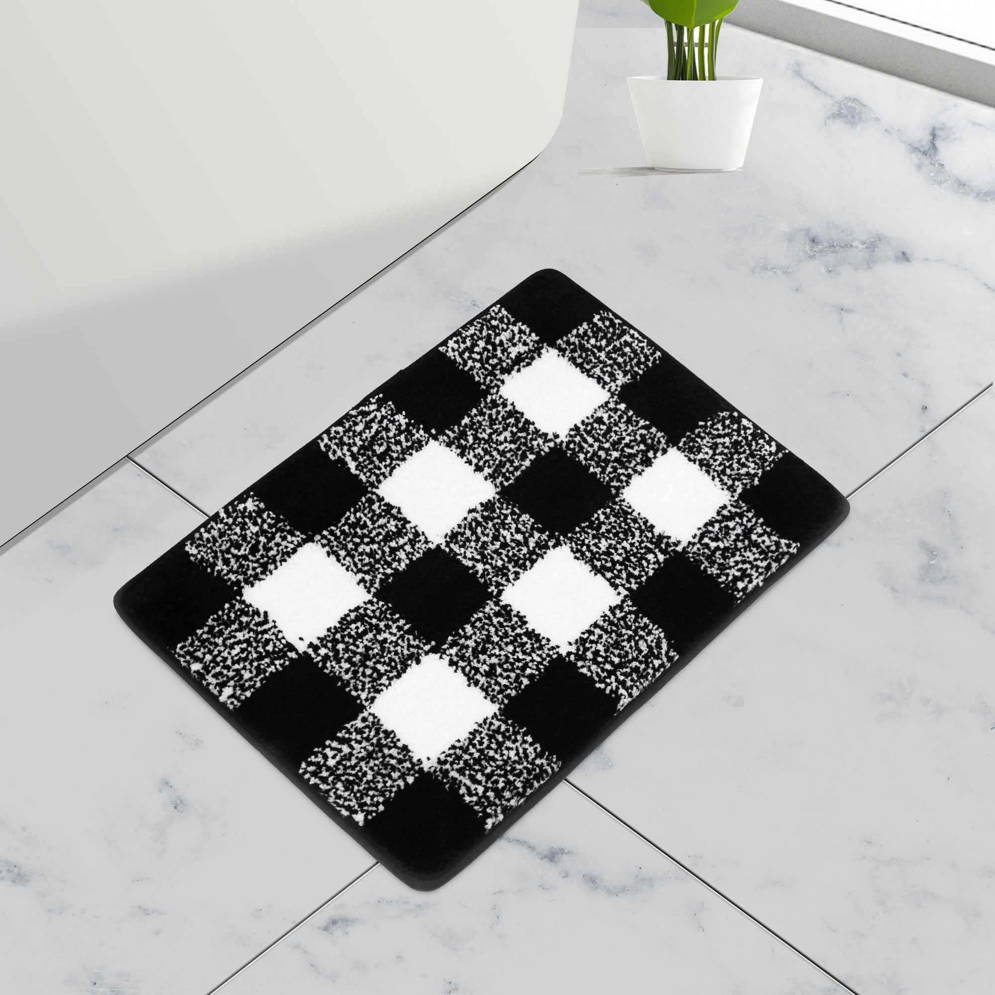 PiccoCasa Microfiber Plaid Pattern Bathroom Rugs Soft 17''x24'' Black