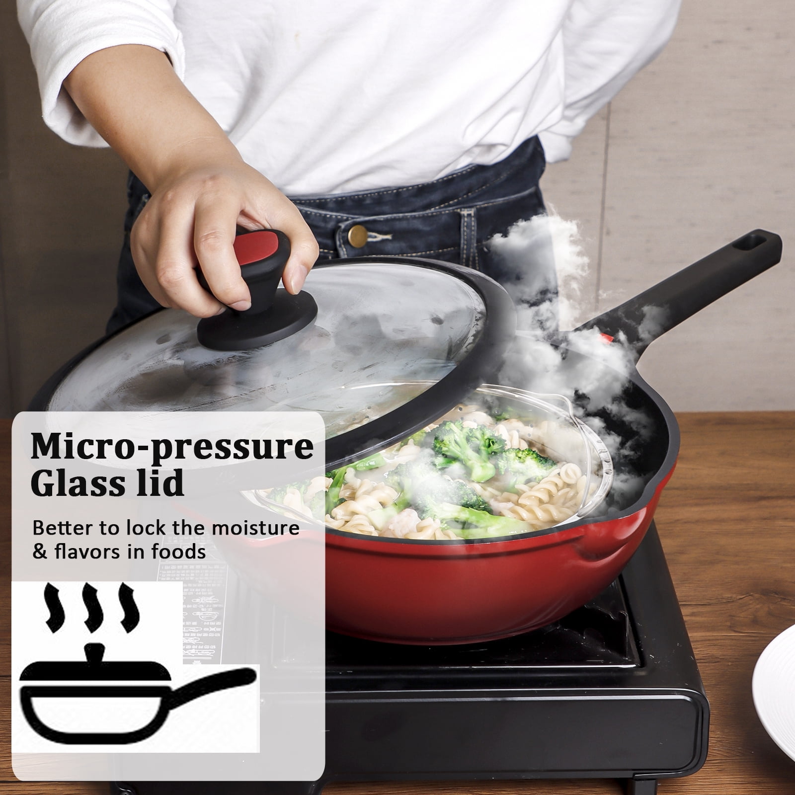 Nonstick Deep Frying Pan with Lid and Silicone Clamp, 11" Non Stick Stir-Fry and Wok Pan Kitchen Cookware Red Skillet for Gas, Induction, Electric, Halogen Flat Stoves
