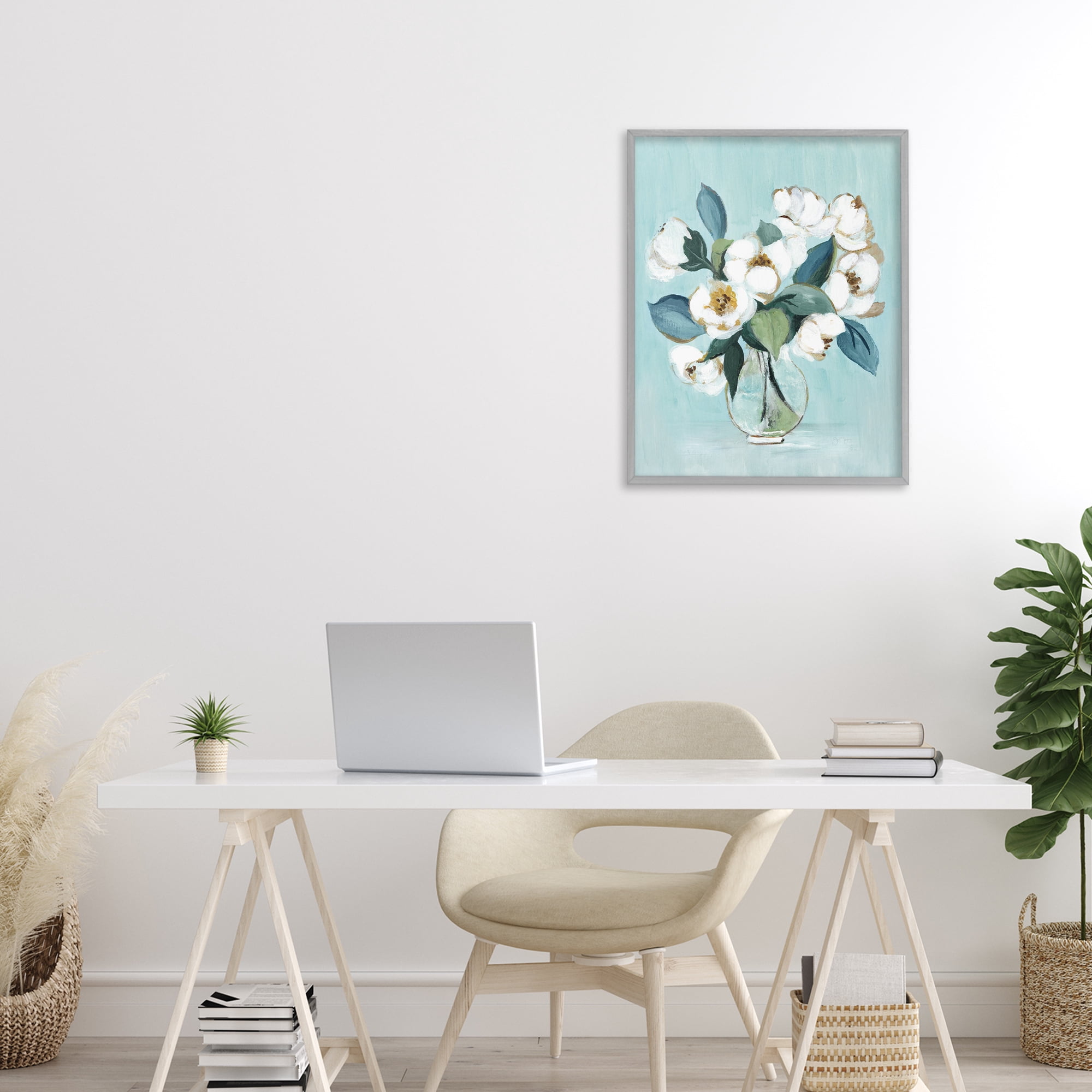 Stupell Industries Magnolia Arrangement over Blue Gray Framed Giclee Art, design by Janet Tava