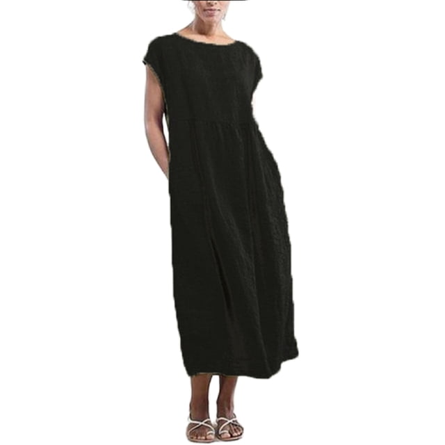 Innerwin Dresses Crew Neck Ladies Dress Beach Solid Color Loose Sundress Black M