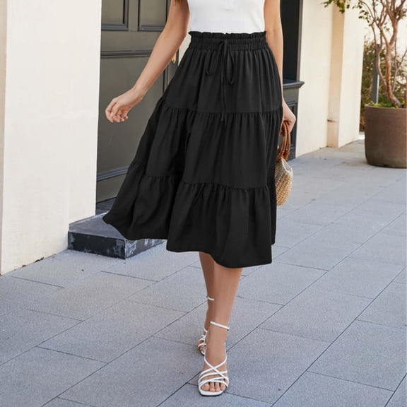 Skirts for Women Bohemian Style Tiered Flared Midi Skirt for Women Lightweight Flowing A Line Casual Beachwear Black XL