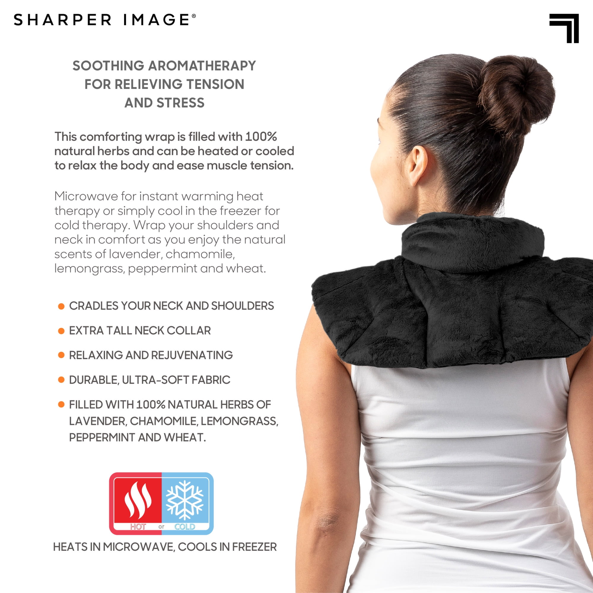 Sharper Image® Hot & Cold Herbal Aromatherapy Neck & Shoulder Plush Wrap Pad for Soothing Muscle Pain and Tension Relief Therapy, 100% Natural Lavender & Herb Spa Blend, Use in Microwave or Freezer