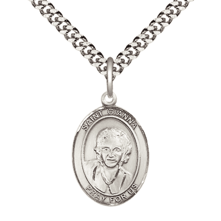 Pewter Saint St Gianna Medal Pendant on 24 Inch Endless Rhodium Plated Heavy Curb Brass Chain, Catholic Religious Necklace -Made in USA- Deluxe Velvet Gift Box