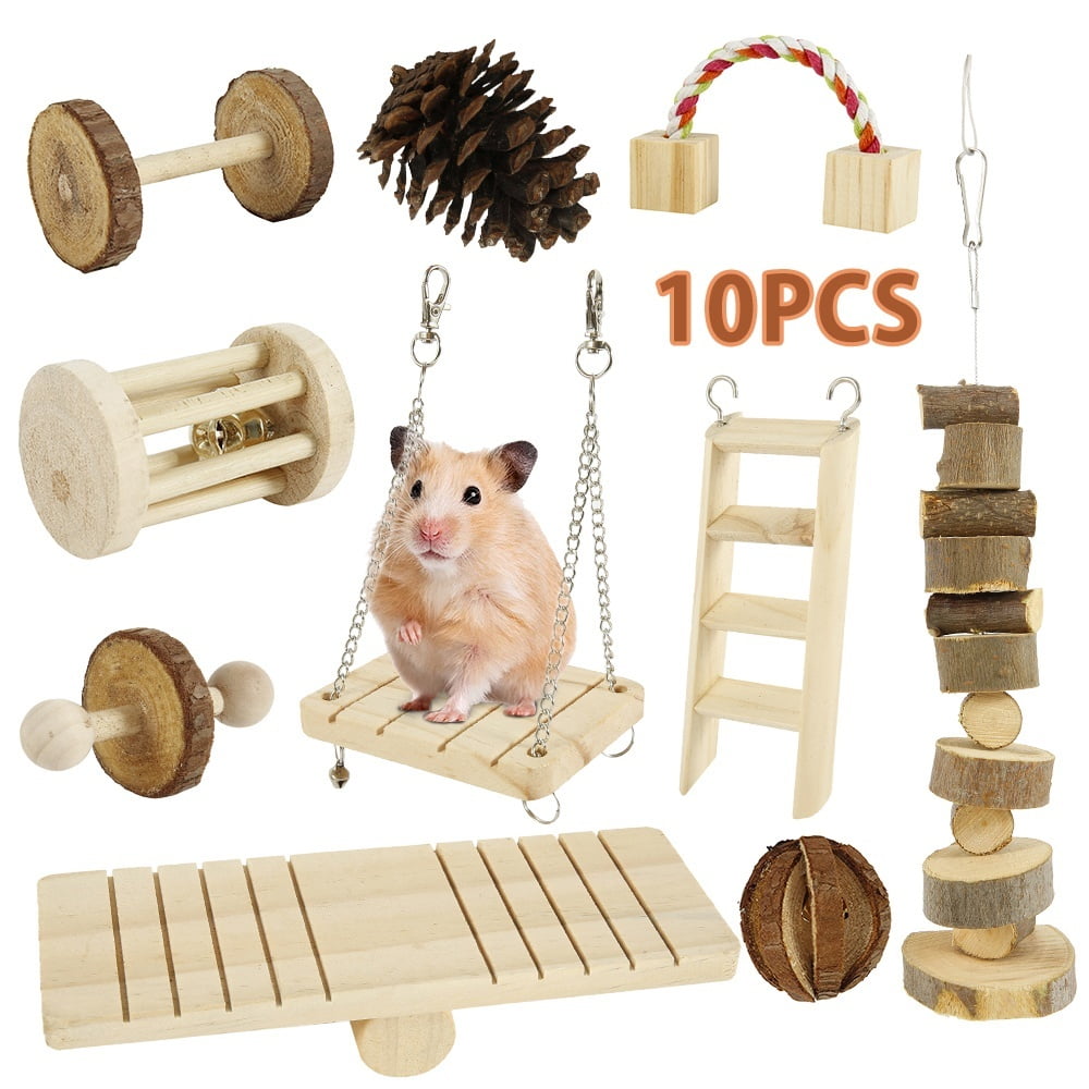 PINVNBY Hamster Chew Toys Natural Wooden Gerbils Play Exercise Dumbells Wheel Bell Roller Unicycle Guinea Pig Teeth Grinding Care Molar Grass Cage Accessories for Bunny Rabbit Chinchillas 14 PCS 