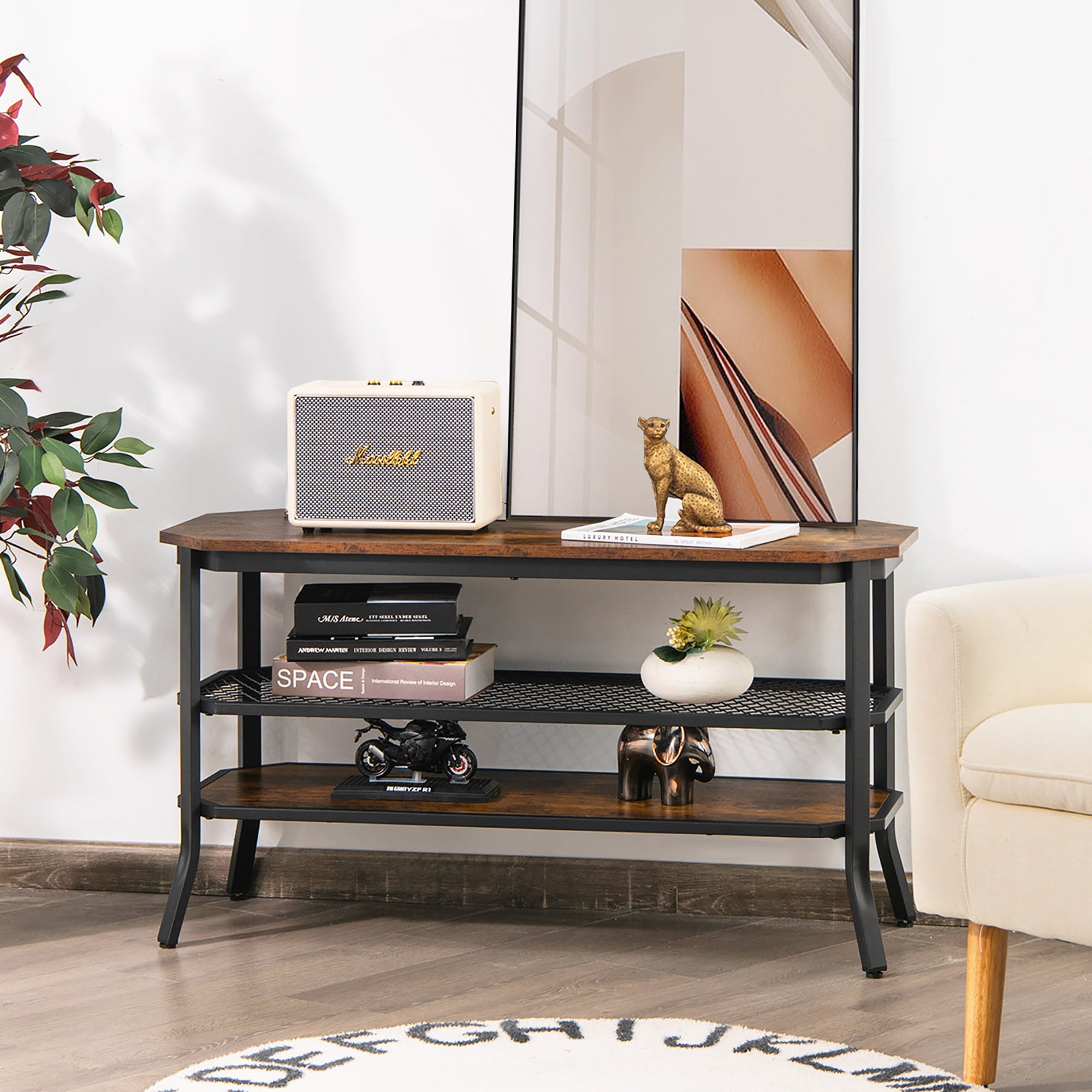 Costway 3-tier TV Stand Console Table Media Entertainment Center w/Mesh Storage Shelf