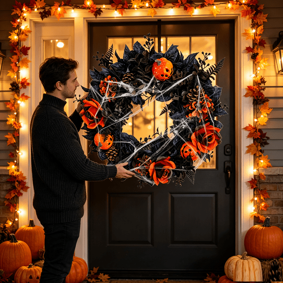 Halloween Pumpkin Wreath,17.72 Inch Black Artificial Wreath With Grimace Pumpkin,Front Door Window Porch Wall Hanging Ornament,Fall Halloween Home Holiday Decor