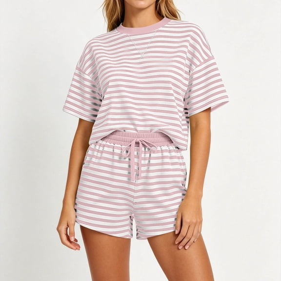 Xdegoge Women's Striped 2 Piece Shorts Set Casual Short Sleeve T Shirt and High Waisted Drawstring Shorts Summer Lounge Active Tracksuit Pajama Sets