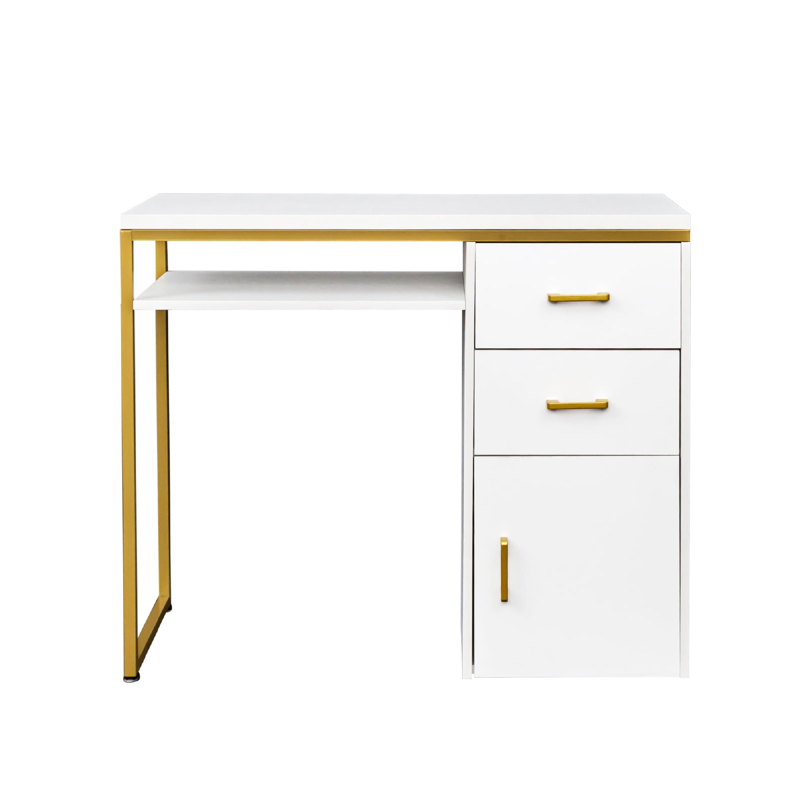 Modern White Computer Desk with 2 Drawers & Storage Cabinet, Particle Board Top Iron Frame Home Office Study Writing Desk for Small Space