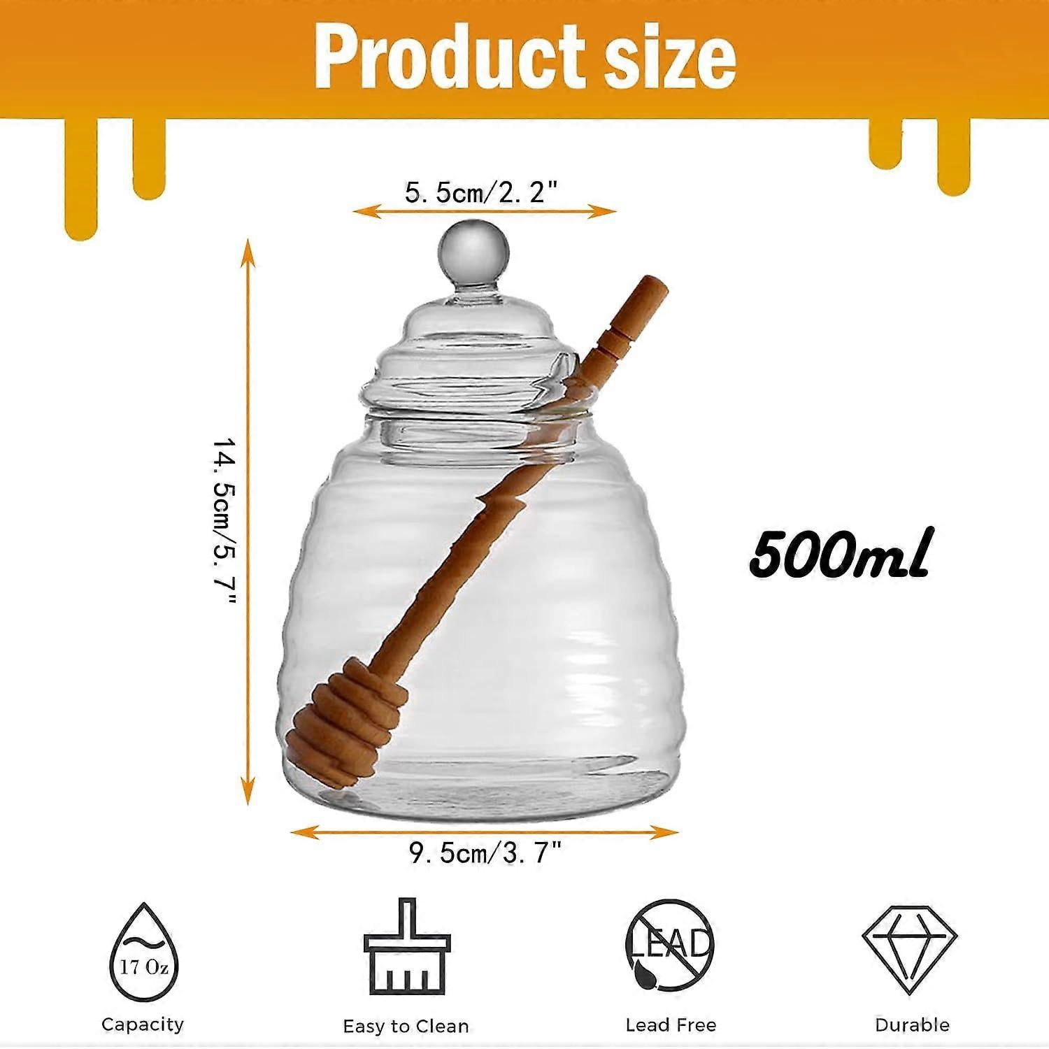 Pot à Miel 500ml En Verre Avec Cuillère - Distributeur De Miel Scellé, Couvercle Bois Naturel Pour Sirop, Ruche Et Cuisine