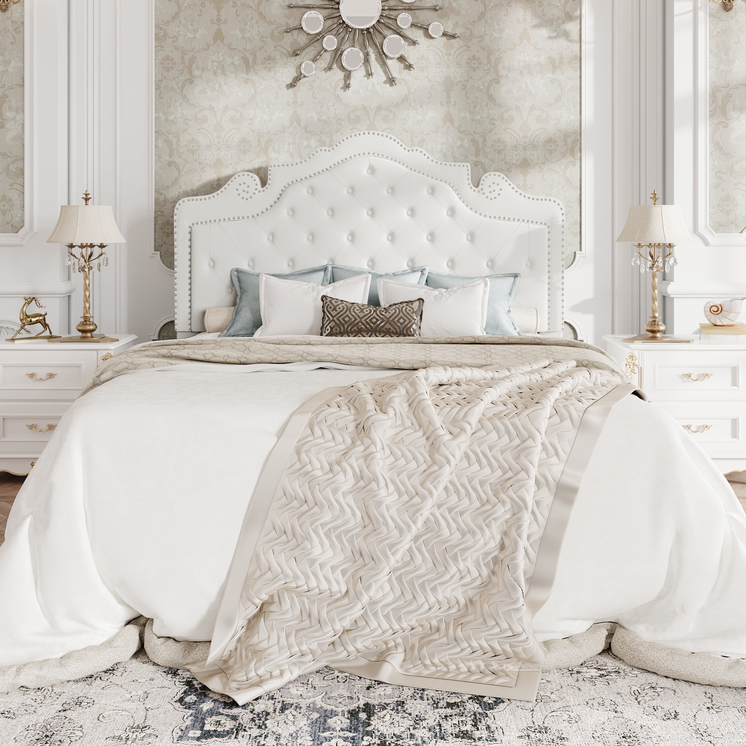 Amolife Queen Bed Frame with Adjustable Crown-Shaped Headboard, Upholstered Platform Bed, No Box Spring Required, White