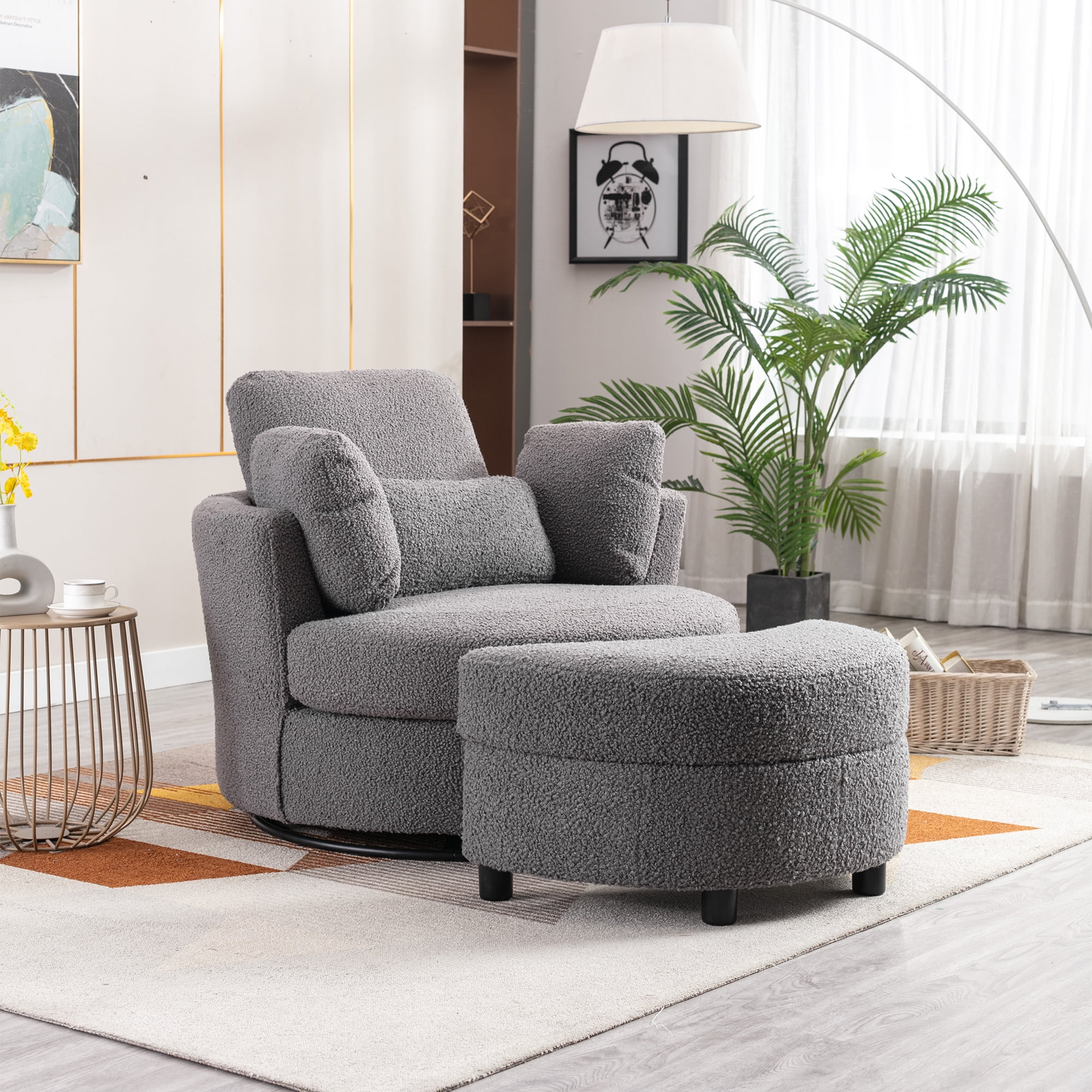 42.2"W Boucle Swivel Accent Barrel Chair with Storage Large Ottoman & 4 ...