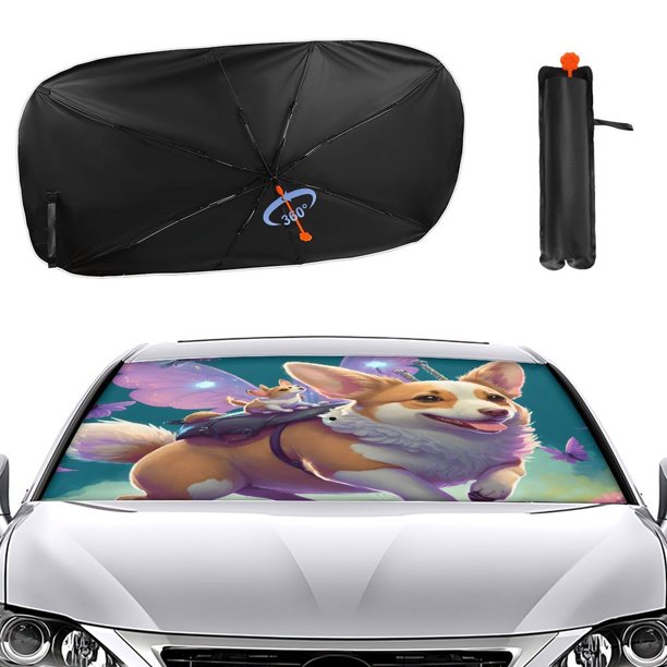Corgi Sombrilla Solar para Auto - Protector de Parabrisas Plegable | Cortina Solar Delantero | Bloqueo UV y Aislamiento de Calor 133x73cm