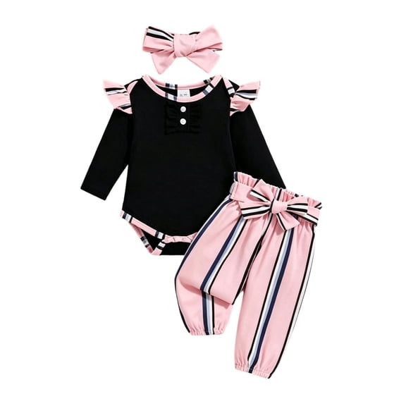 BLVB Newborn Baby Girl Clothes Infant Girl Outfits Ruffle Long Sleeve Bodysuit Jogger Pants with Headband 3 Piece Outfit Set(Pink,12-18 Months)