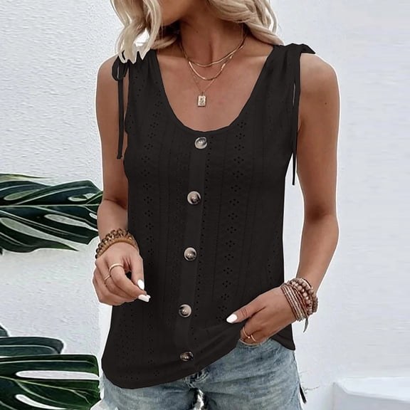 ITSAME Womens Plus Size Tank Tops, Drawstring Sleeveless Hollow Out Solid Color Casual Cami Blouse Black 3XL