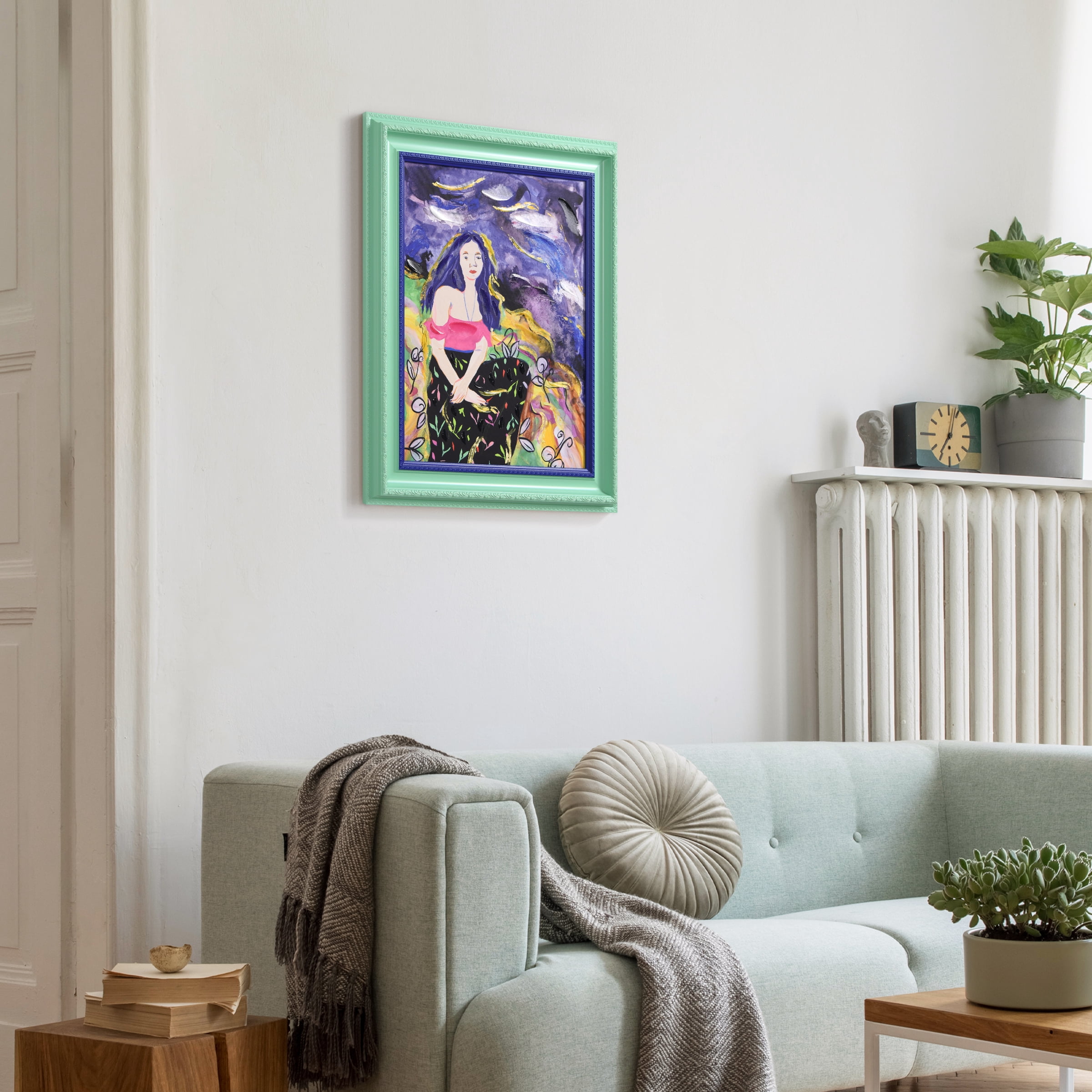 "Night Galaxy" Chromatic Hand Painted Embellished Giclee Portrait Canvas Wall Art with Baroque Two-Color Frame