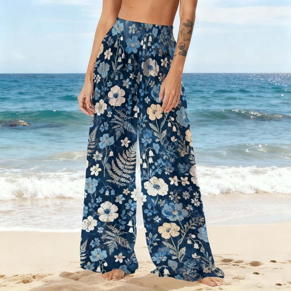 qelini Bohemian Pants Women High Waist Chiffon Wide Leg Flowy Pants Summer Beach Print Casual Pants