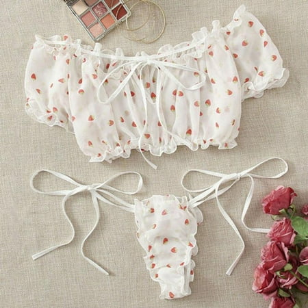 

Pxiakgy lingerie for women Women Embroidery Lace Bowknot Strapless Bra Thong Set Sleepwear Pajamas Lingerie White + XXL