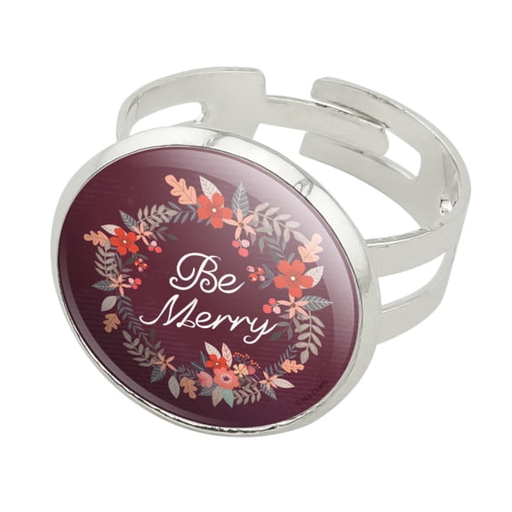 Be Merry Christmas Wreath Silver Plated Adjustable Novelty Ring
