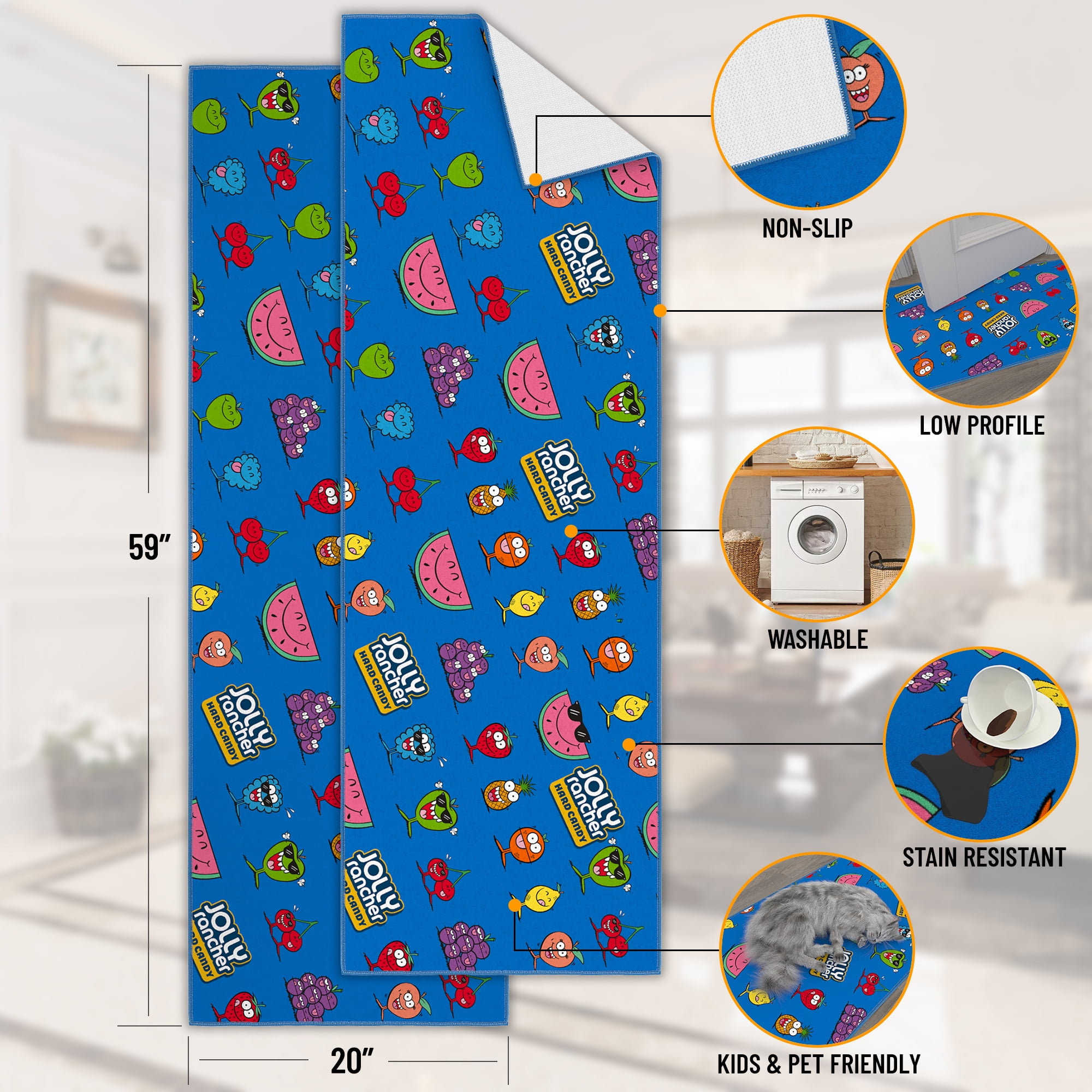 Ottomanson Jolly Rancher Characters Machine Washable Non-Slip Rubberback 2x5 Runner Rug, 20"x 59", Blue