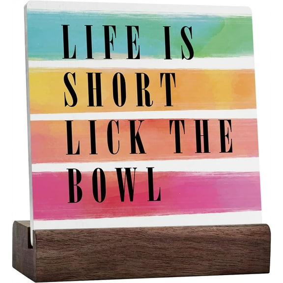 Ceramic Sign 4x4 Inch Kitchen Signs Life Is Short Lick The Bowl Sign Plaque Sign with Wood Stand Bathroom Signs Above Cabinet Decor Kitchen Decor Bathroom Decorations Kitchen Decor And Accessories