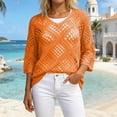 thumbnail image 2 of CaComMARK PI Crochet Tops for Women 3/4 Length Sleeve V-Neck Hollow Out Knit Sweater Shirt Summer Lightweight Beach Cover Ups Orange, 2 of 5
