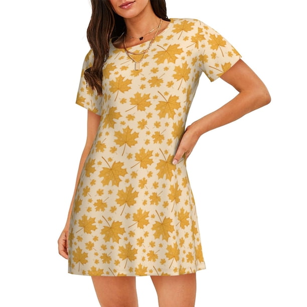 Disketp Autumn Fall Yellow Leaves para Camisón Corto de Manga Corta para Mujeres, Camisón Cómodo con Escote Redondo, Bonito y Confortable