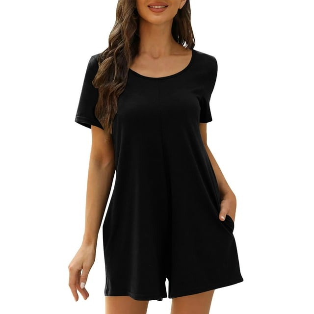 aidice Summer Jumpsuits for Women Round Neck Short Sleeve Keyhole Back Loose Casual Shorts Rompers