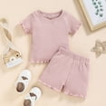 thumbnail image 4 of Douhoow 1-5 Years Girls Two Pieces Clothes Solid Ribbed Cotton Short Sleeve T-Shirt+Shorts, 4 of 9