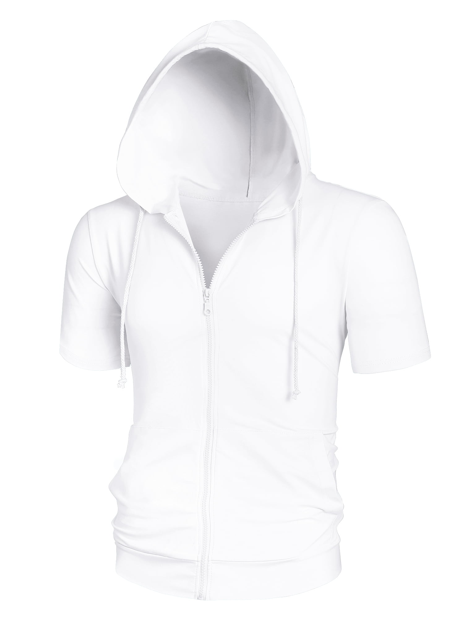 Unique Bargains Men's Short Sleeve Solid Color Zip Up Sport Hoodies L White