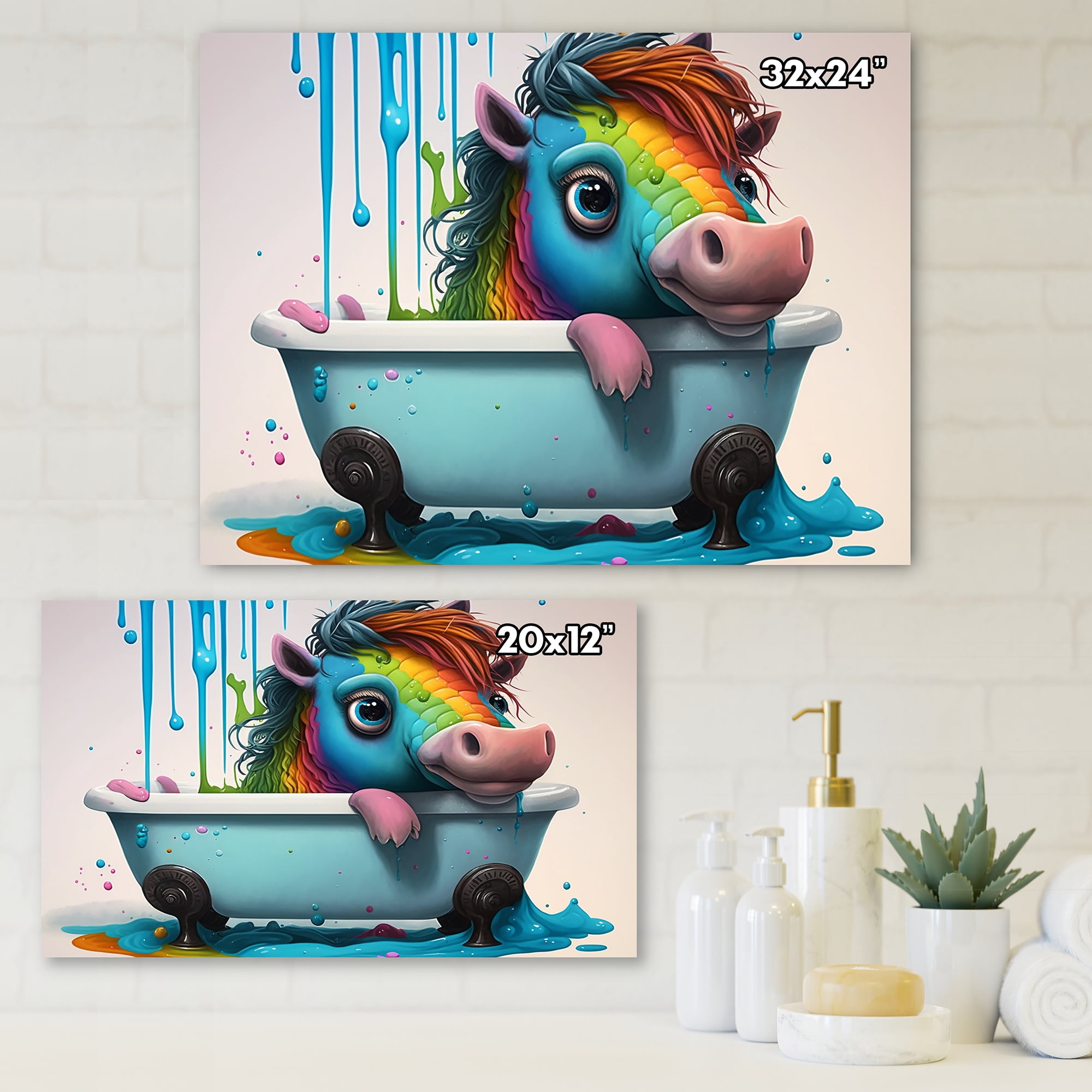 Designart Funny Rainbow Horse Splashing In The Tub II Canvas Wall Art
