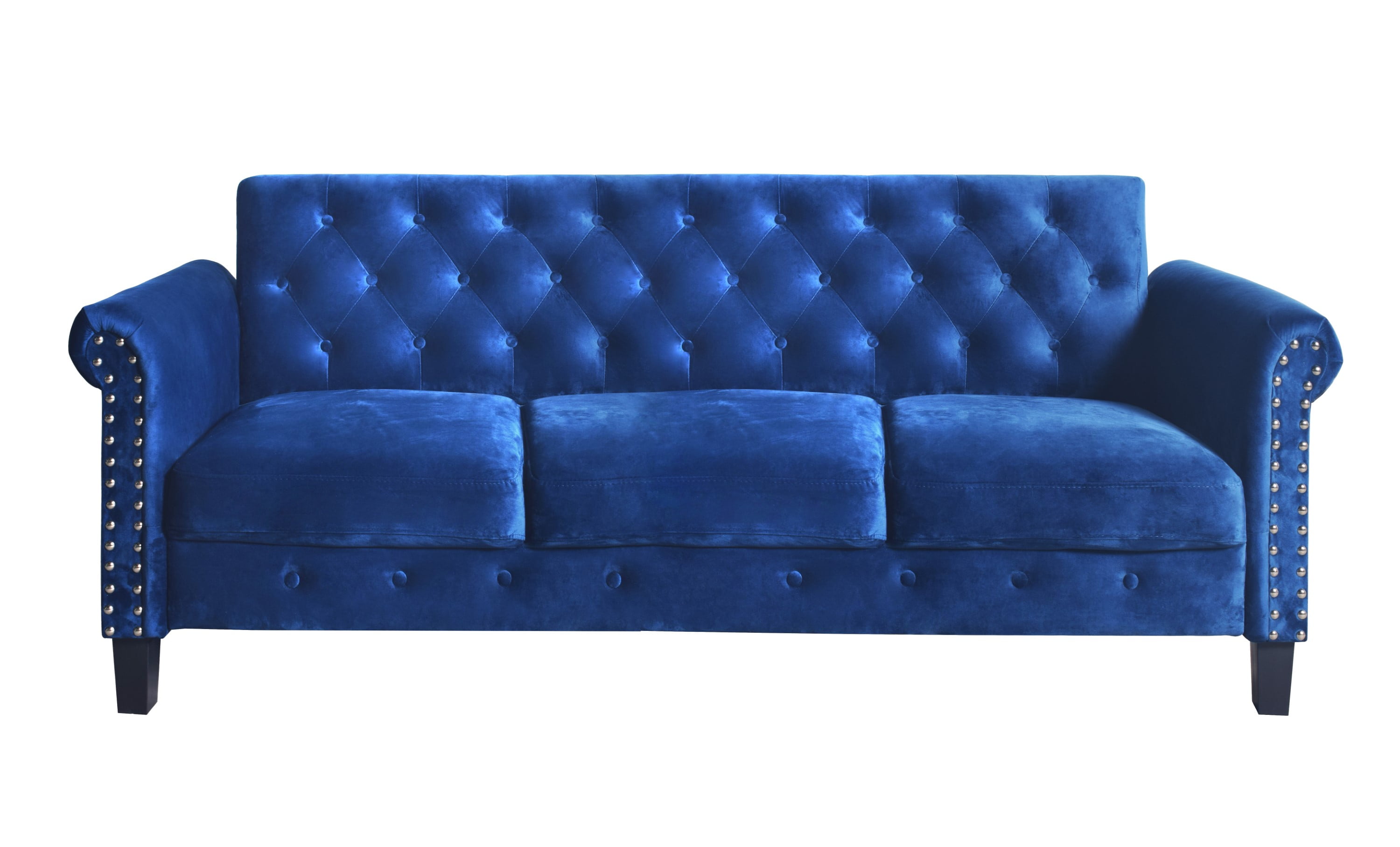 Home Design Casper Velvet Rolled Arm Sofa with Foam-Filled Cushions, Silver-Tone Nailhead Trim, Modern Upholstered Design for Living Room, Navy Blue