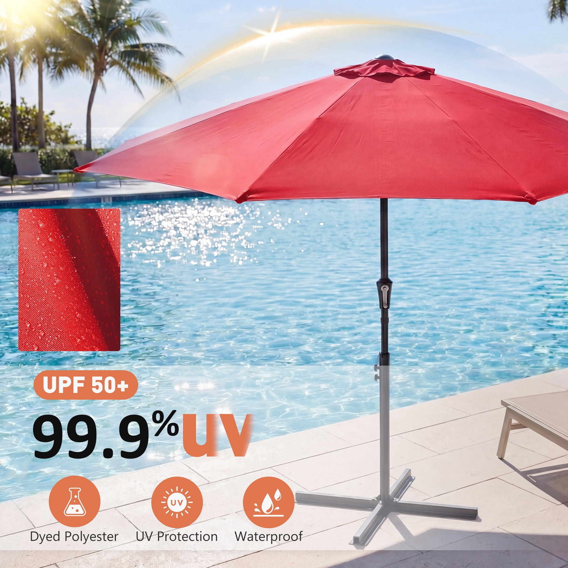 SHOUFTW 9 ft Patio Market Umbrella, Outdoor Table Umbrella with Crank Lift and Tilt, Round Sun Shade for Garden, Deck, Backyard, Poolside, Khaki, Red
