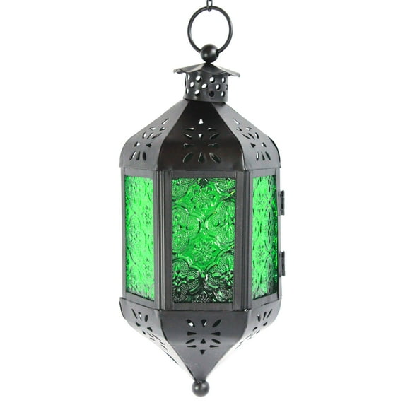 VELA LANTERNS Hanging Decor Moroccan Lamp Decorative Lantern Indoor Outdoor Candle Holder for Patio or Porch, Weddings, Christmas, Green Glass