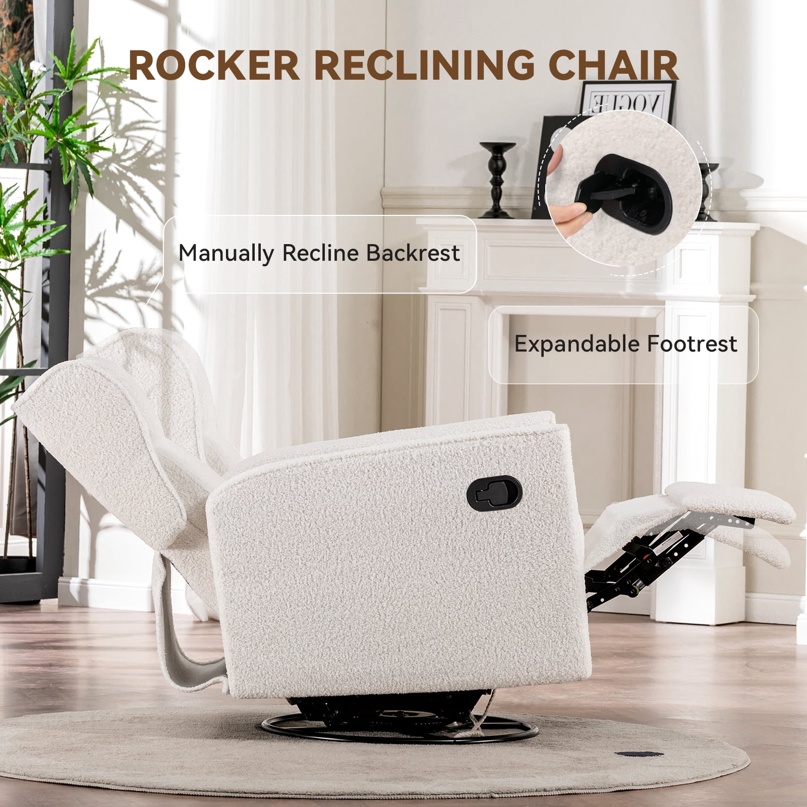 COMHOMA Nursery Rocking Chair Teddy Upholstered Swivel Rocker Recliner Manual Glider Reclining Chair for Living Room Bedroom Offices,Beige
