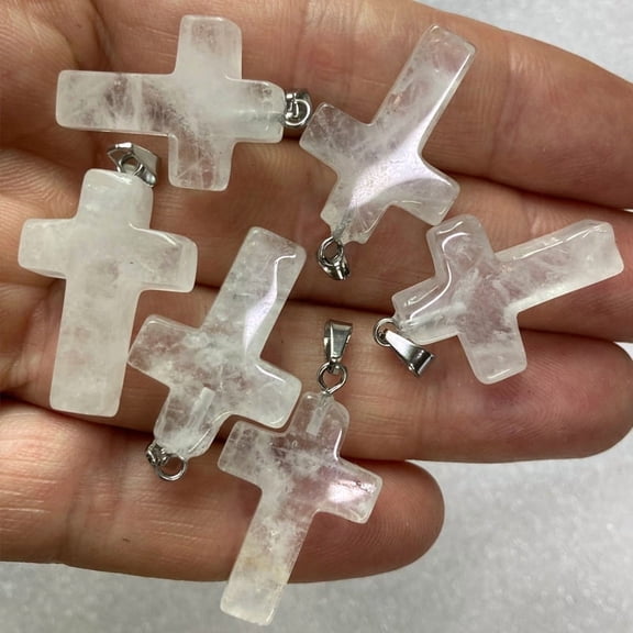 10 pc Natural Quartz Pendants Rock Pendants with Platinum Tone Brass Findings Cross 25x18mm
