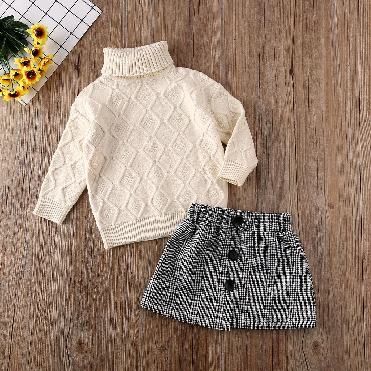 Toddler Kids Baby Girl Clothes Set Turtleneck Knitwear Sweater Tops Pleated Mini Skirt 2Pcs Outfits Set Casual Long Sleeve 